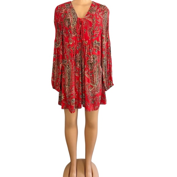 Free People Red Rain or Shine Printed Dress in Poppy Combo - Picture 3 of 9